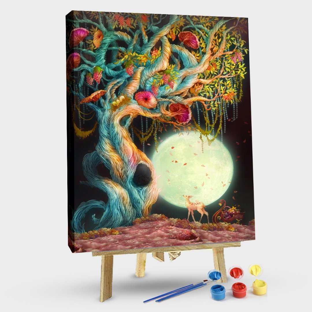 Paint by Numbers Kit -Ancient trees and deer in the moonlight